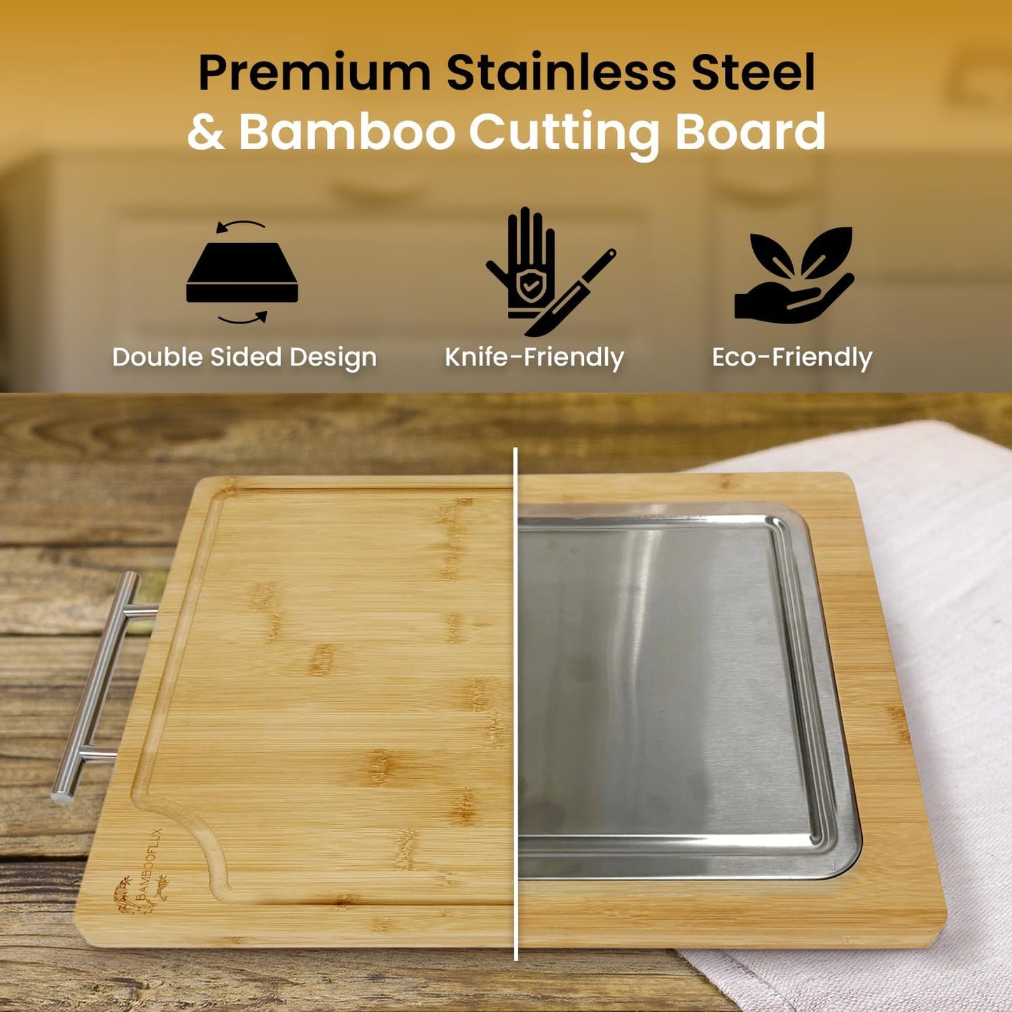 Double Sided Bamboo Cutting Board With Handle, 2-in-1 Stainless Steel Cutting Board With Juice Groove, Large Meat Cutting Board, Wood Cutting Boards For Kitchen, 16.9 x11.8 in