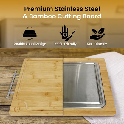Double Sided Bamboo Cutting Board With Handle, 2-in-1 Stainless Steel Cutting Board With Juice Groove, Large Meat Cutting Board, Wood Cutting Boards For Kitchen, 16.9 x11.8 in