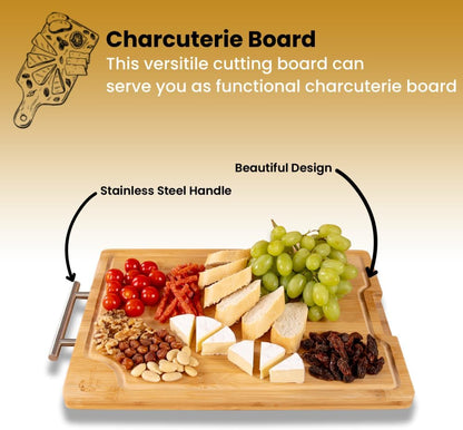 Double Sided Bamboo Cutting Board With Handle, 2-in-1 Stainless Steel Cutting Board With Juice Groove, Large Meat Cutting Board, Wood Cutting Boards For Kitchen, 16.9 x11.8 in
