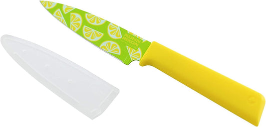 Colori+ Non-Stick Straight Paring Knife with Safety Sheath, 4 inch/10.16 cm Blade, Funky Fruit Citrus