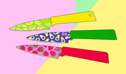 Colori+ Non-Stick Straight Paring Knife with Safety Sheath, 4 inch/10.16 cm Blade, Funky Fruit Citrus