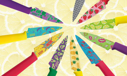 Colori+ Non-Stick Straight Paring Knife with Safety Sheath, 4 inch/10.16 cm Blade, Funky Fruit Citrus