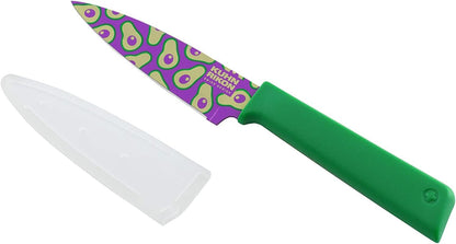 Colori+ Non-Stick Straight Paring Knife with Safety Sheath, 4 inch/10.16 cm Blade, Funky Fruit Citrus