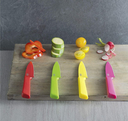 Colori+ Non-Stick Straight Paring Knife with Safety Sheath, 4 inch/10.16 cm Blade, Funky Fruit Citrus