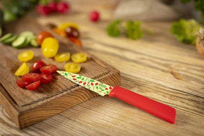 Colori+ Non-Stick Straight Paring Knife with Safety Sheath, 4 inch/10.16 cm Blade, Funky Fruit Citrus