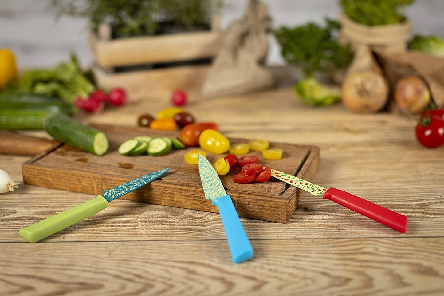 Colori+ Non-Stick Straight Paring Knife with Safety Sheath, 4 inch/10.16 cm Blade, Funky Fruit Citrus