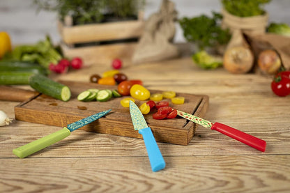 Colori+ Non-Stick Straight Paring Knife with Safety Sheath, 4 inch/10.16 cm Blade, Funky Fruit Citrus