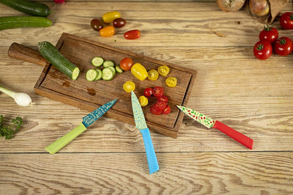 Colori+ Non-Stick Straight Paring Knife with Safety Sheath, 4 inch/10.16 cm Blade, Funky Fruit Citrus