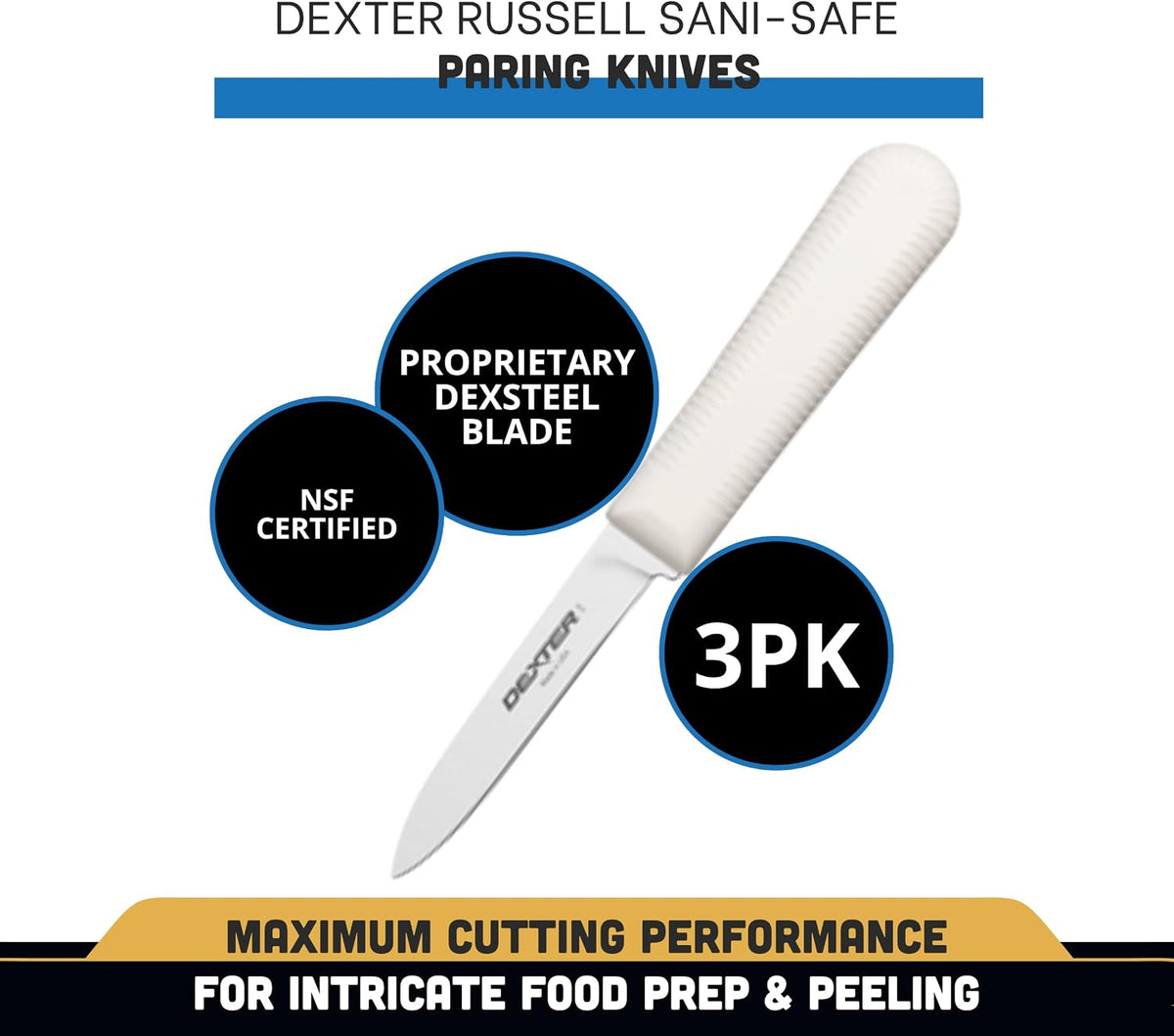 Dexter Sani-Safe 3-Pack of 3¼ Paring Knives, White Handle, DEXSTEEL Blades | Ideal for Precise Peeling & Carving Fruits and Vegetables, NSF Certified