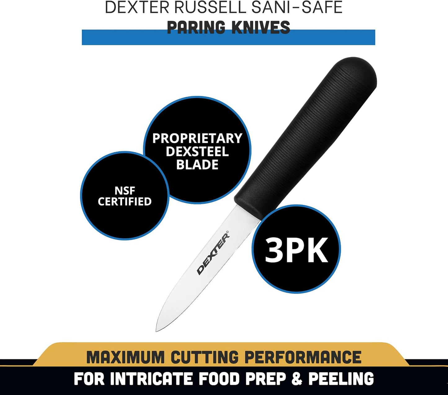 Dexter Sani-Safe 3-Pack of 3¼ Paring Knives, White Handle, DEXSTEEL Blades | Ideal for Precise Peeling & Carving Fruits and Vegetables, NSF Certified