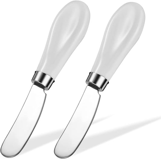Stainless Steel Butter Spreader Knife 2 Pack with Handle for Kitchen White | Dishwasher Safe, for Soft & Hard Cheese, Jam, Cold Butter