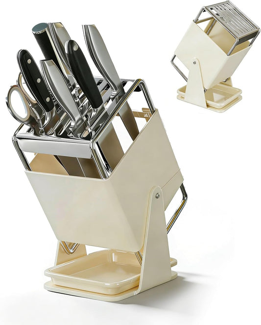 Cream Carbon Steel Kitchen Knife Holder, 30° Rotating Universal Knife Block with 9 Slots, Safe Slant Insert & Drip Tray for Multiple Knives
