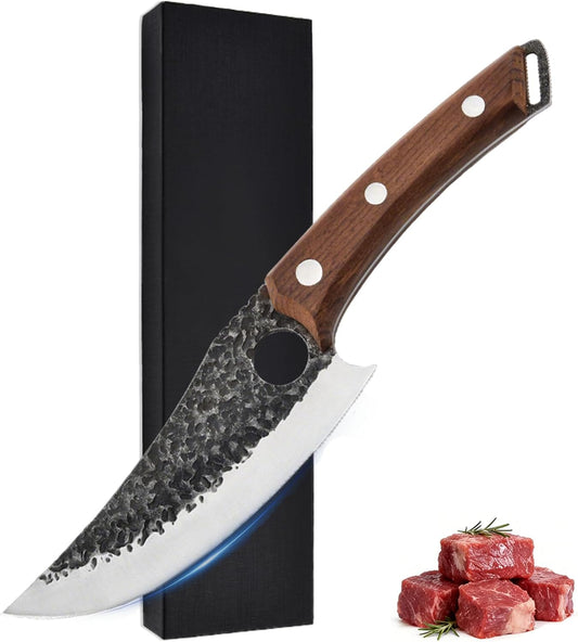 Hand‑Forged Butcher Knife,Curved Boning Knife | 5.9 Inch High Carbon Steel Hammered Blade with Wood Handle,Multipurpose Kitchen and Outdoor BBQ Knife with Premium Gift Box