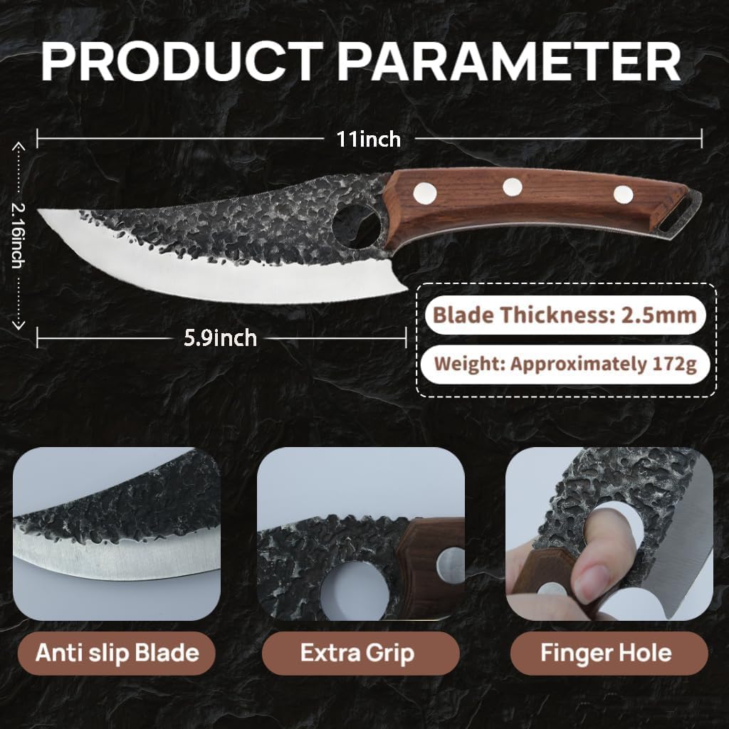 Hand‑Forged Butcher Knife,Curved Boning Knife | 5.9 Inch High Carbon Steel Hammered Blade with Wood Handle,Multipurpose Kitchen and Outdoor BBQ Knife with Premium Gift Box