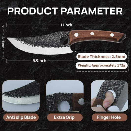 Hand‑Forged Butcher Knife,Curved Boning Knife | 5.9 Inch High Carbon Steel Hammered Blade with Wood Handle,Multipurpose Kitchen and Outdoor BBQ Knife with Premium Gift Box