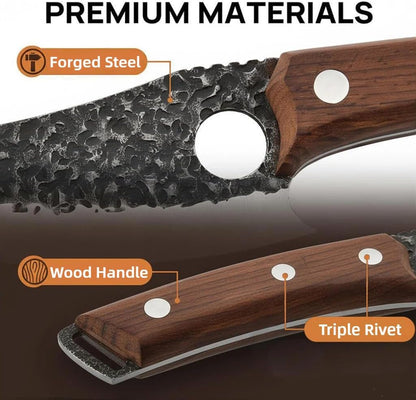 Hand‑Forged Butcher Knife,Curved Boning Knife | 5.9 Inch High Carbon Steel Hammered Blade with Wood Handle,Multipurpose Kitchen and Outdoor BBQ Knife with Premium Gift Box