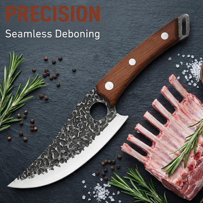 Hand‑Forged Butcher Knife,Curved Boning Knife | 5.9 Inch High Carbon Steel Hammered Blade with Wood Handle,Multipurpose Kitchen and Outdoor BBQ Knife with Premium Gift Box