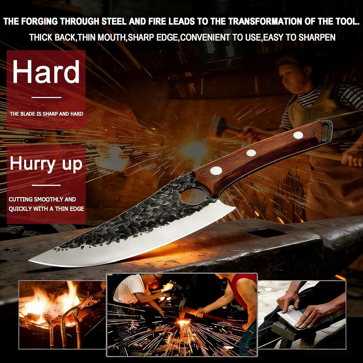 Hand‑Forged Butcher Knife,Curved Boning Knife | 5.9 Inch High Carbon Steel Hammered Blade with Wood Handle,Multipurpose Kitchen and Outdoor BBQ Knife with Premium Gift Box