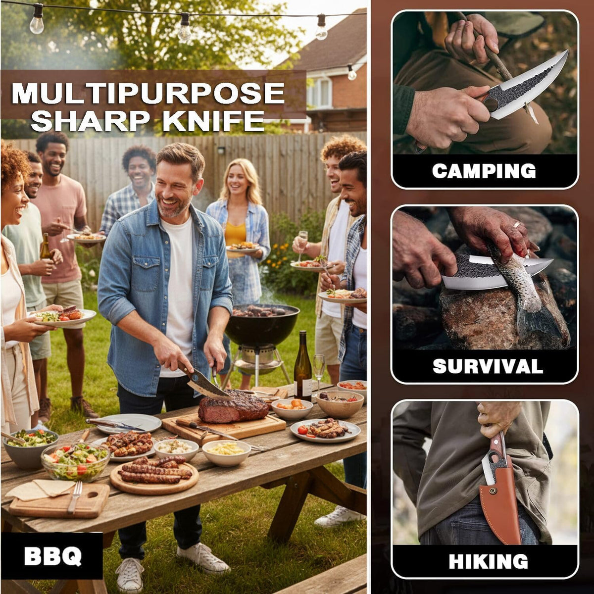 Hand‑Forged Butcher Knife,Curved Boning Knife | 5.9 Inch High Carbon Steel Hammered Blade with Wood Handle,Multipurpose Kitchen and Outdoor BBQ Knife with Premium Gift Box
