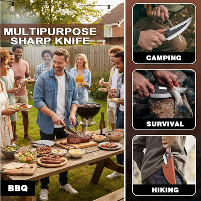Hand‑Forged Butcher Knife,Curved Boning Knife | 5.9 Inch High Carbon Steel Hammered Blade with Wood Handle,Multipurpose Kitchen and Outdoor BBQ Knife with Premium Gift Box