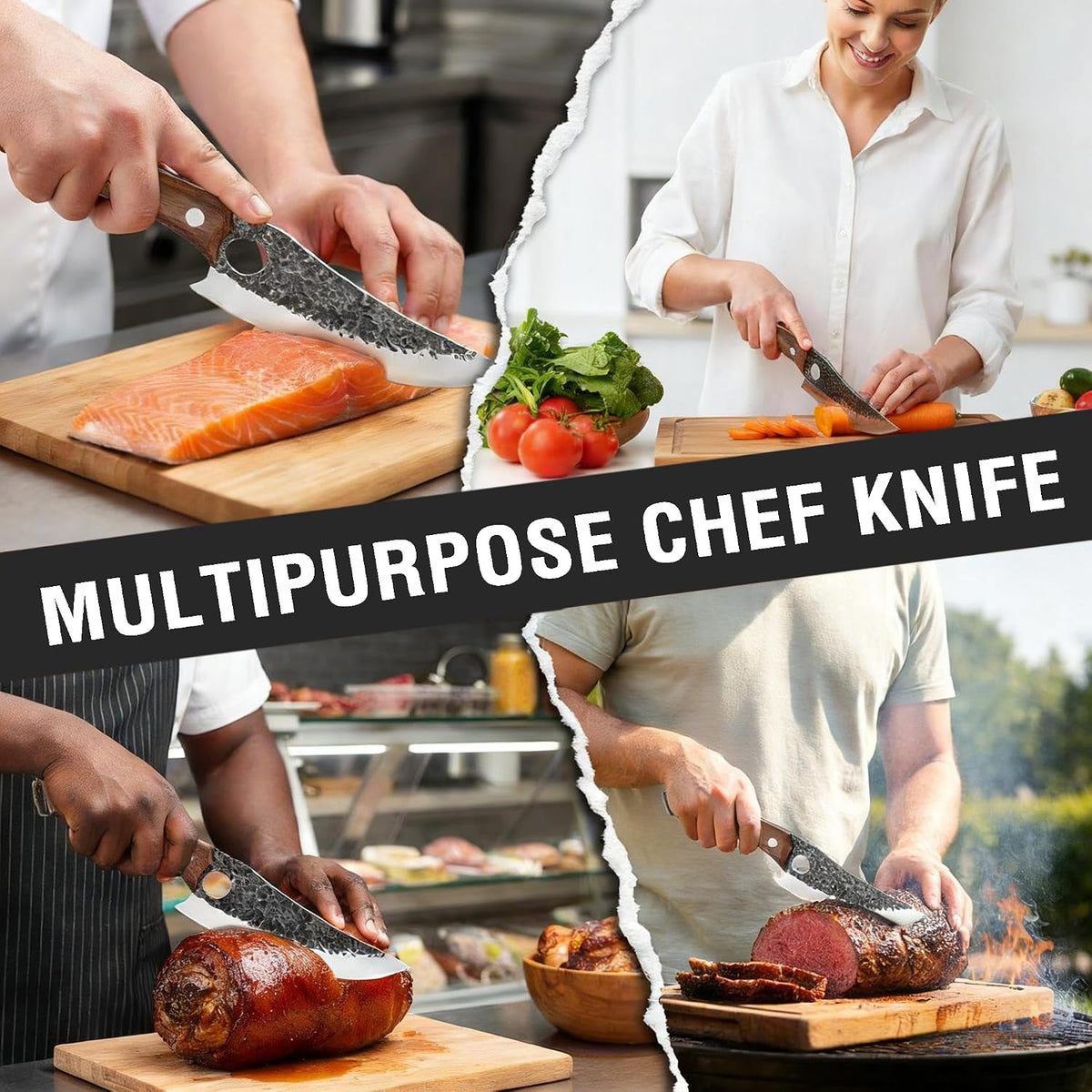 Hand‑Forged Butcher Knife,Curved Boning Knife | 5.9 Inch High Carbon Steel Hammered Blade with Wood Handle,Multipurpose Kitchen and Outdoor BBQ Knife with Premium Gift Box