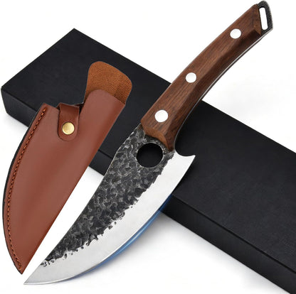 Hand‑Forged Butcher Knife,Curved Boning Knife | 5.9 Inch High Carbon Steel Hammered Blade with Wood Handle,Multipurpose Kitchen and Outdoor BBQ Knife with Premium Gift Box