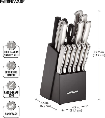 15-Piece Kitchen Knife Set, High-Carbon Stainless Steel Blades with Wood Block, Steak Knives, Sharpening Tool & All-Purpose Shears, Razor Sharp, Ergonomic Stainless Steel Handles