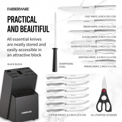 15-Piece Kitchen Knife Set, High-Carbon Stainless Steel Blades with Wood Block, Steak Knives, Sharpening Tool & All-Purpose Shears, Razor Sharp, Ergonomic Stainless Steel Handles
