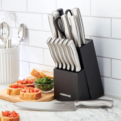 15-Piece Kitchen Knife Set, High-Carbon Stainless Steel Blades with Wood Block, Steak Knives, Sharpening Tool & All-Purpose Shears, Razor Sharp, Ergonomic Stainless Steel Handles