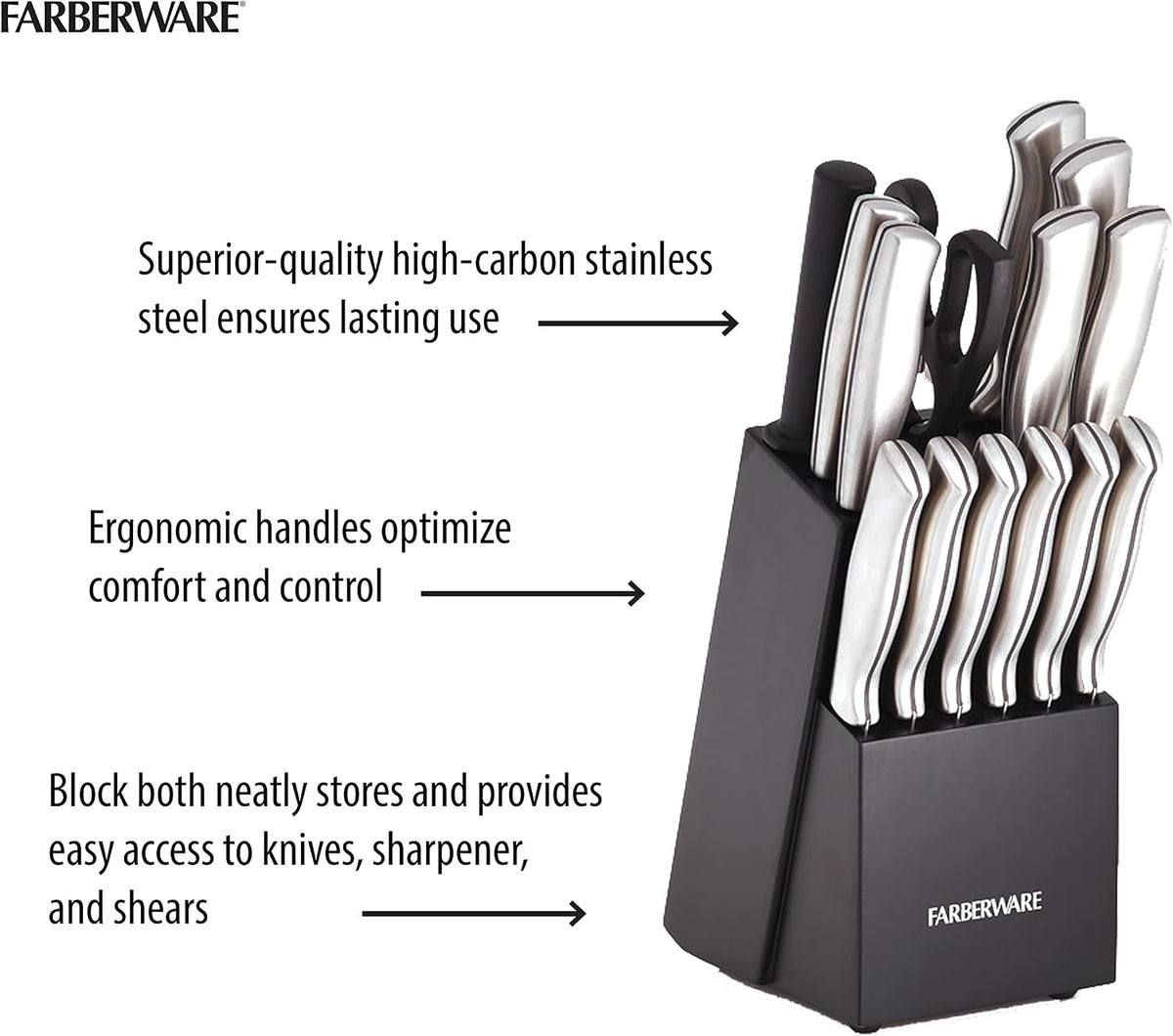 15-Piece Kitchen Knife Set, High-Carbon Stainless Steel Blades with Wood Block, Steak Knives, Sharpening Tool & All-Purpose Shears, Razor Sharp, Ergonomic Stainless Steel Handles
