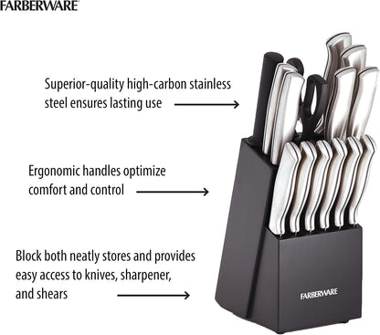 15-Piece Kitchen Knife Set, High-Carbon Stainless Steel Blades with Wood Block, Steak Knives, Sharpening Tool & All-Purpose Shears, Razor Sharp, Ergonomic Stainless Steel Handles