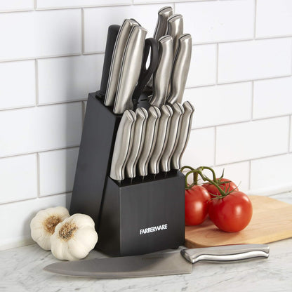 15-Piece Kitchen Knife Set, High-Carbon Stainless Steel Blades with Wood Block, Steak Knives, Sharpening Tool & All-Purpose Shears, Razor Sharp, Ergonomic Stainless Steel Handles