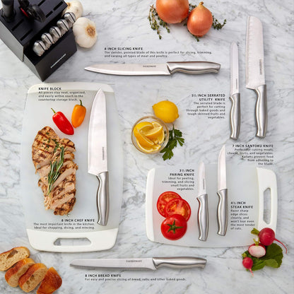 15-Piece Kitchen Knife Set, High-Carbon Stainless Steel Blades with Wood Block, Steak Knives, Sharpening Tool & All-Purpose Shears, Razor Sharp, Ergonomic Stainless Steel Handles