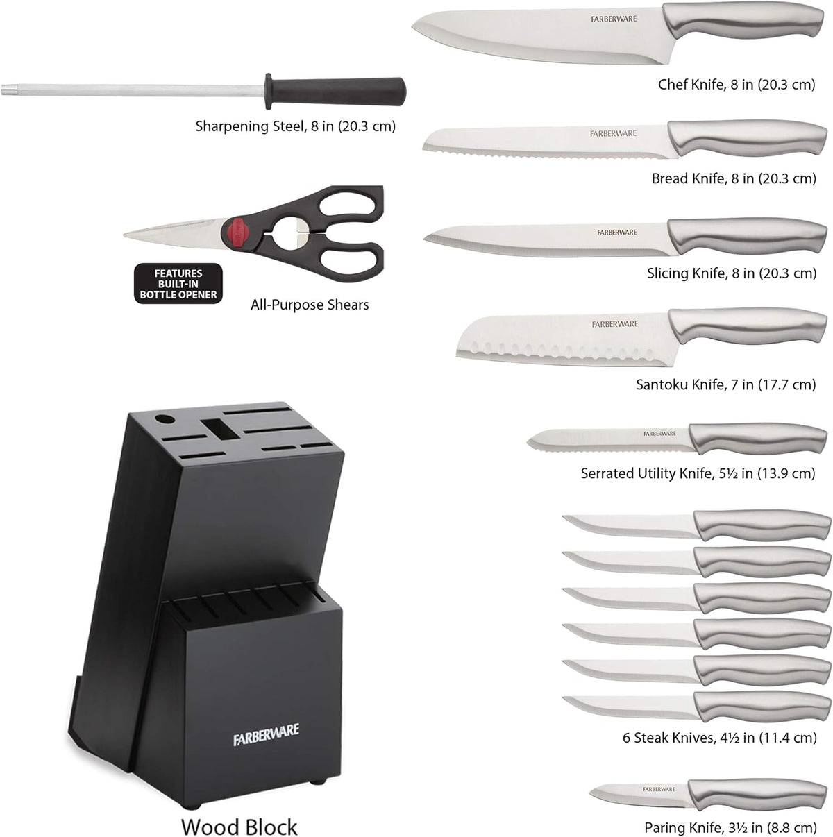 15-Piece Kitchen Knife Set, High-Carbon Stainless Steel Blades with Wood Block, Steak Knives, Sharpening Tool & All-Purpose Shears, Razor Sharp, Ergonomic Stainless Steel Handles