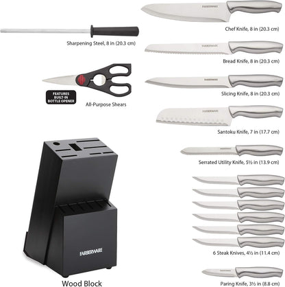15-Piece Kitchen Knife Set, High-Carbon Stainless Steel Blades with Wood Block, Steak Knives, Sharpening Tool & All-Purpose Shears, Razor Sharp, Ergonomic Stainless Steel Handles