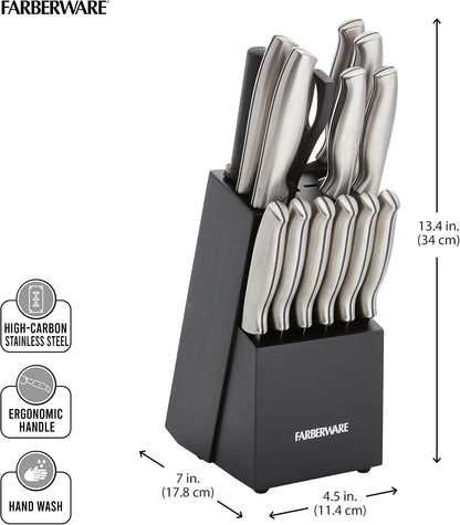 15-Piece Kitchen Knife Set, High-Carbon Stainless Steel Blades with Wood Block, Steak Knives, Sharpening Tool & All-Purpose Shears, Razor Sharp, Ergonomic Stainless Steel Handles
