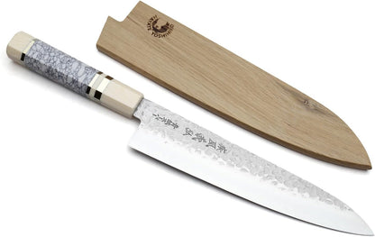Yoshihiro Super Blue Steel Stainless Clad Hammered Gyuto Chefs Knife Howlite White Handle (8.25"(210mm) & Saya)