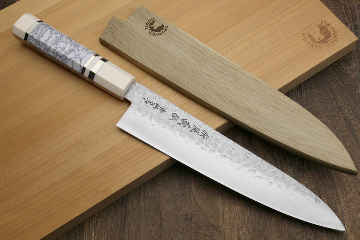 Yoshihiro Super Blue Steel Stainless Clad Hammered Gyuto Chefs Knife Howlite White Handle (8.25"(210mm) & Saya)