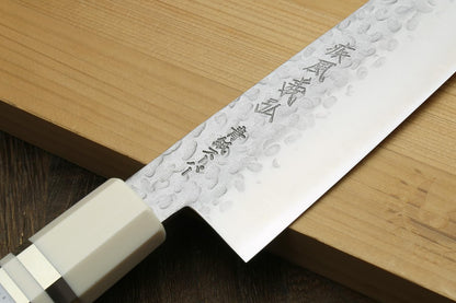 Yoshihiro Super Blue Steel Stainless Clad Hammered Gyuto Chefs Knife Howlite White Handle (8.25"(210mm) & Saya)