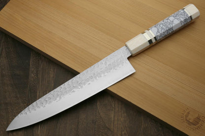 Yoshihiro Super Blue Steel Stainless Clad Hammered Gyuto Chefs Knife Howlite White Handle (8.25"(210mm) & Saya)