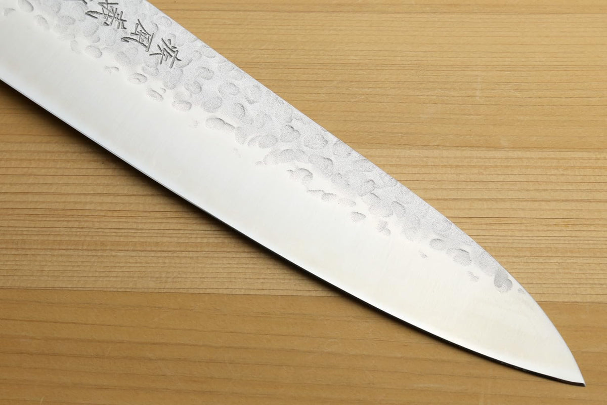 Yoshihiro Super Blue Steel Stainless Clad Hammered Gyuto Chefs Knife Howlite White Handle (8.25"(210mm) & Saya)