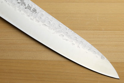 Yoshihiro Super Blue Steel Stainless Clad Hammered Gyuto Chefs Knife Howlite White Handle (8.25"(210mm) & Saya)