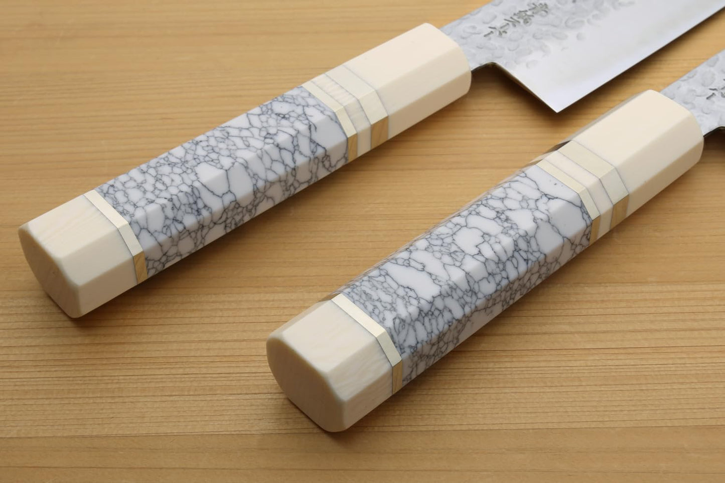 Yoshihiro Super Blue Steel Stainless Clad Hammered Gyuto Chefs Knife Howlite White Handle (8.25"(210mm) & Saya)