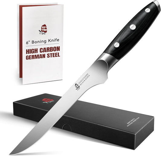 Boning Knife, 6 inch Fillet Knife for Trimming Fat from Meat, Deer Skinning, Full Tang Handle, High Carbon German Steel, for Poultry Lamb Meat Cutting - Black Hawk Series
