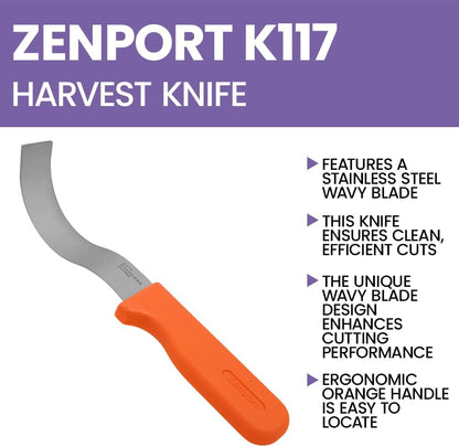 K117 Row Crop Harvest Knife, Broccoli/Produce, 6-Inch Wavy Stainless Steel Blade , Orange