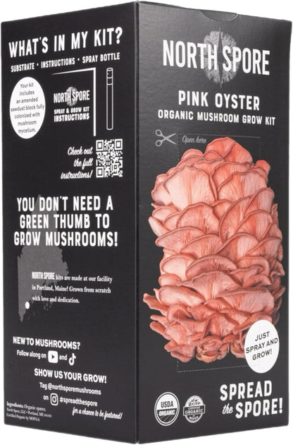 North Spore Organic Pink Oyster Mushroom Grow Kit, 4 lbs | Beginner-friendly Mushroom Spray & Grow Kit, USDA-Certified Organic, Harvest in 14-21 Days, Non-GMO, Handmade in Maine, USA