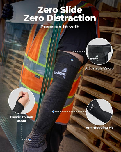 ANSI A9 Cut Resistant Arm Sleeves, Arm Guards for High Risk Work | HPPE steel wire A9 max cut resistant,fiberglass-free,allergy-friendly,breathable 15G knit,adjustable cuff for high-risk work