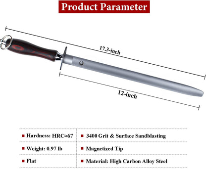 Honing Steel Knife Sharpener Steel Flat 12 IN Rod for Kitchen Knife | Solid Wood Handle Carbon Steel Magnetized Super Fine Honing Rod with Gift Box