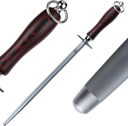 Honing Steel Knife Sharpener Steel Flat 12 IN Rod for Kitchen Knife | Solid Wood Handle Carbon Steel Magnetized Super Fine Honing Rod with Gift Box