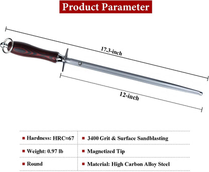 Honing Steel Knife Sharpener Steel Flat 12 IN Rod for Kitchen Knife | Solid Wood Handle Carbon Steel Magnetized Super Fine Honing Rod with Gift Box